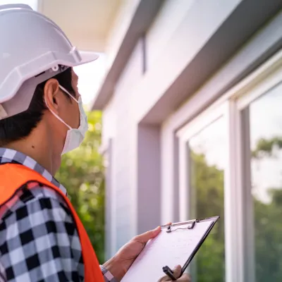 Een persoon inspecteert een woning 